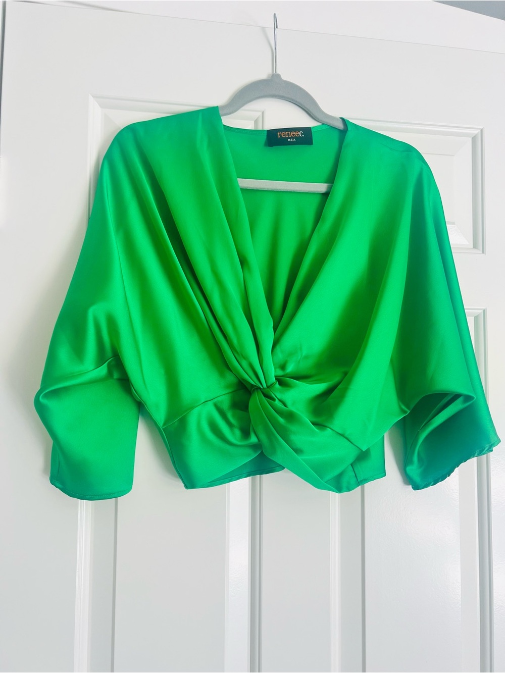 Renee C. Bright Green Knot-Front Satin Blouse